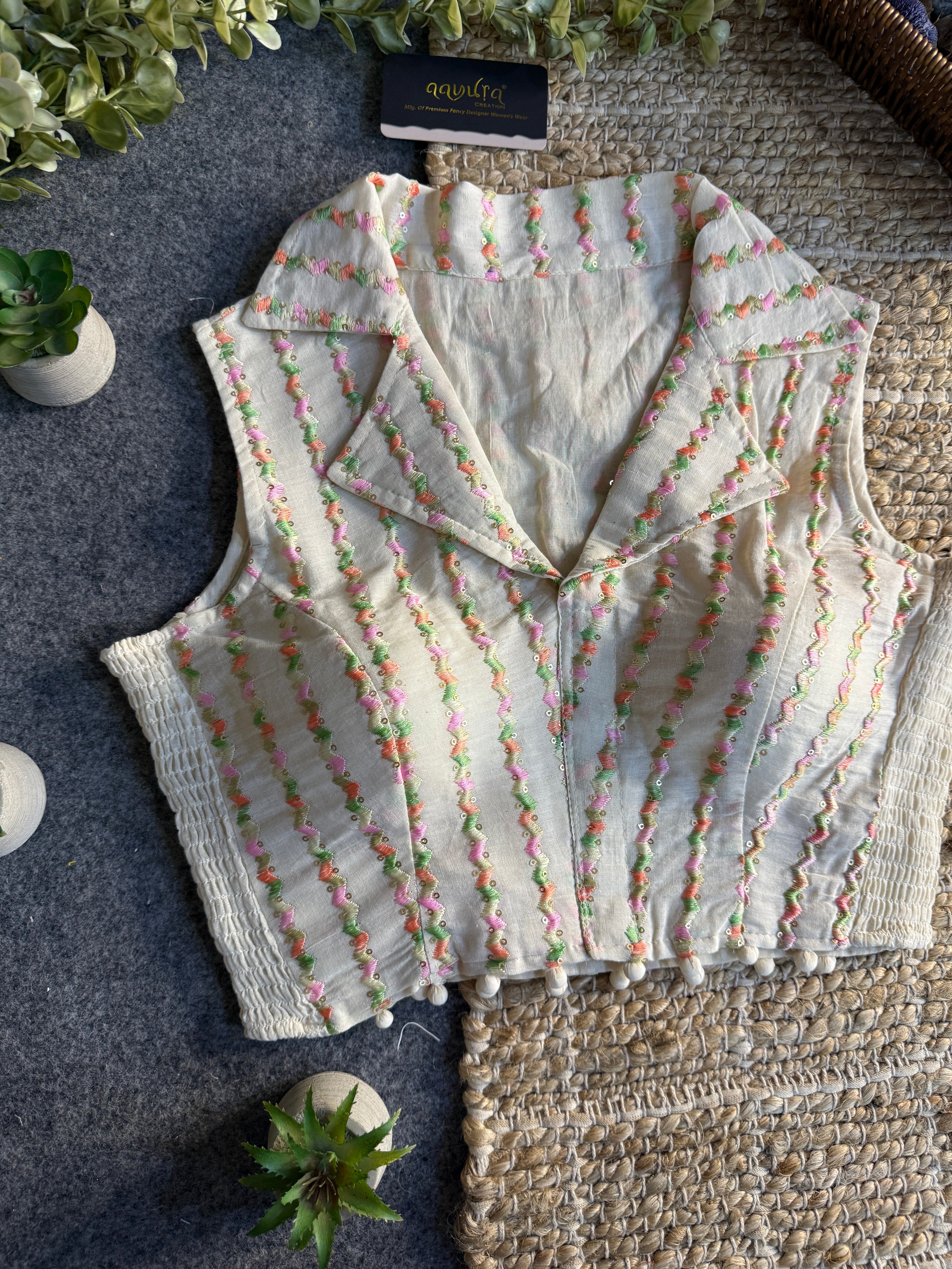 Classic Off-White Stretchable Embroidery Blouse