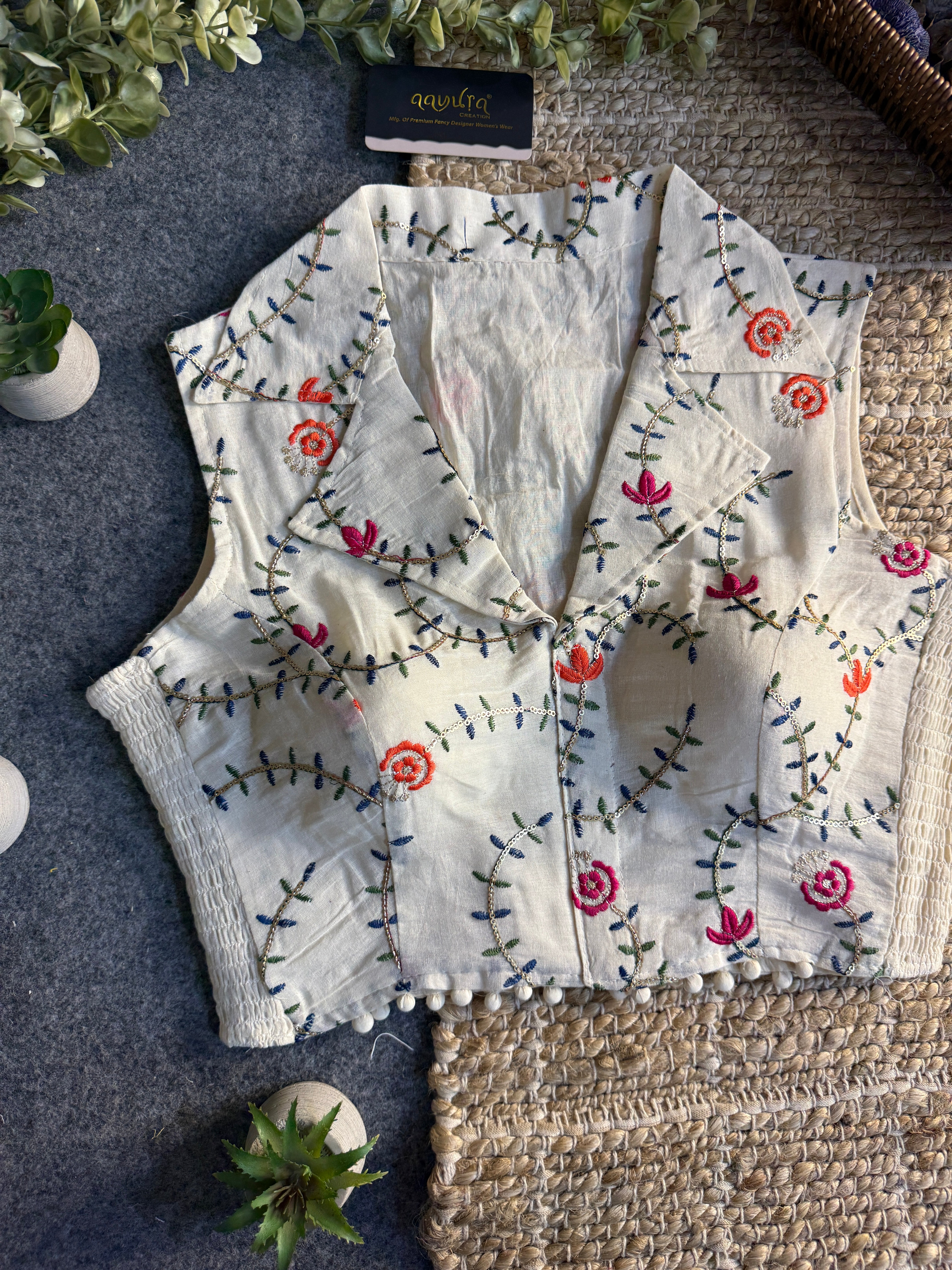 Classic Off-White Stretchable Embroidery Blouse