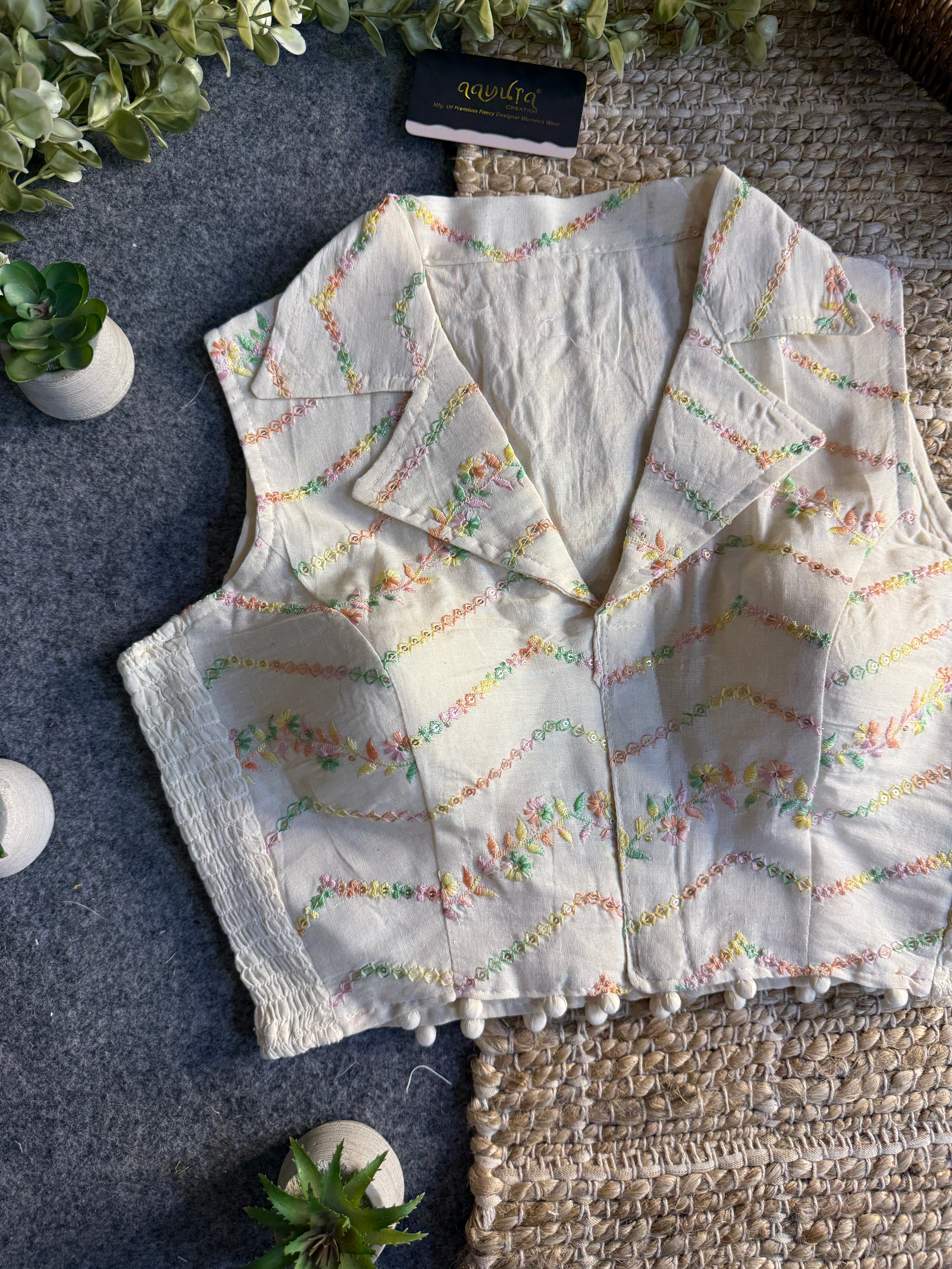 Classic Off-White Stretchable Embroidery Blouse