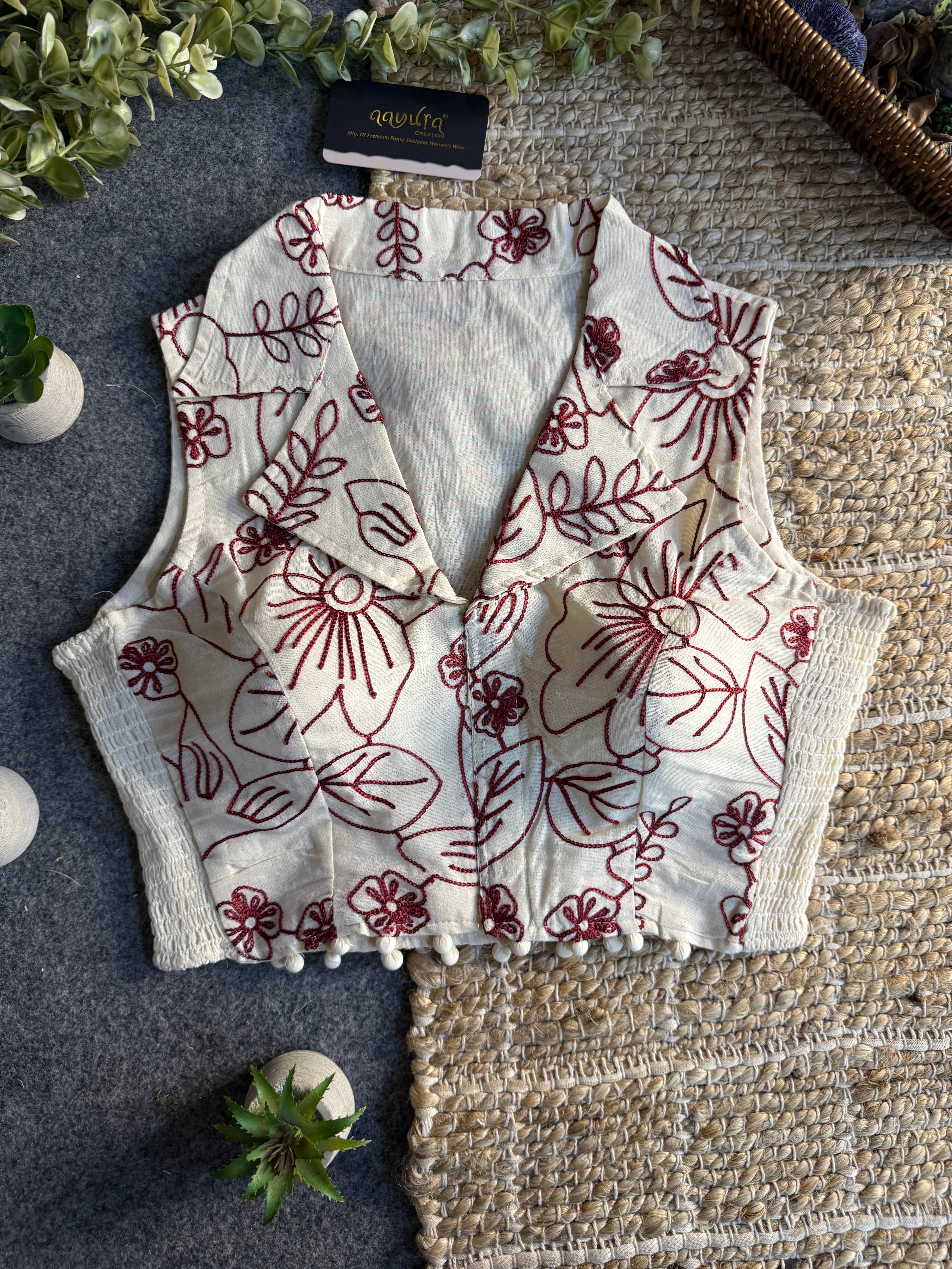 Classic Off-White Stretchable Embroidery Blouse