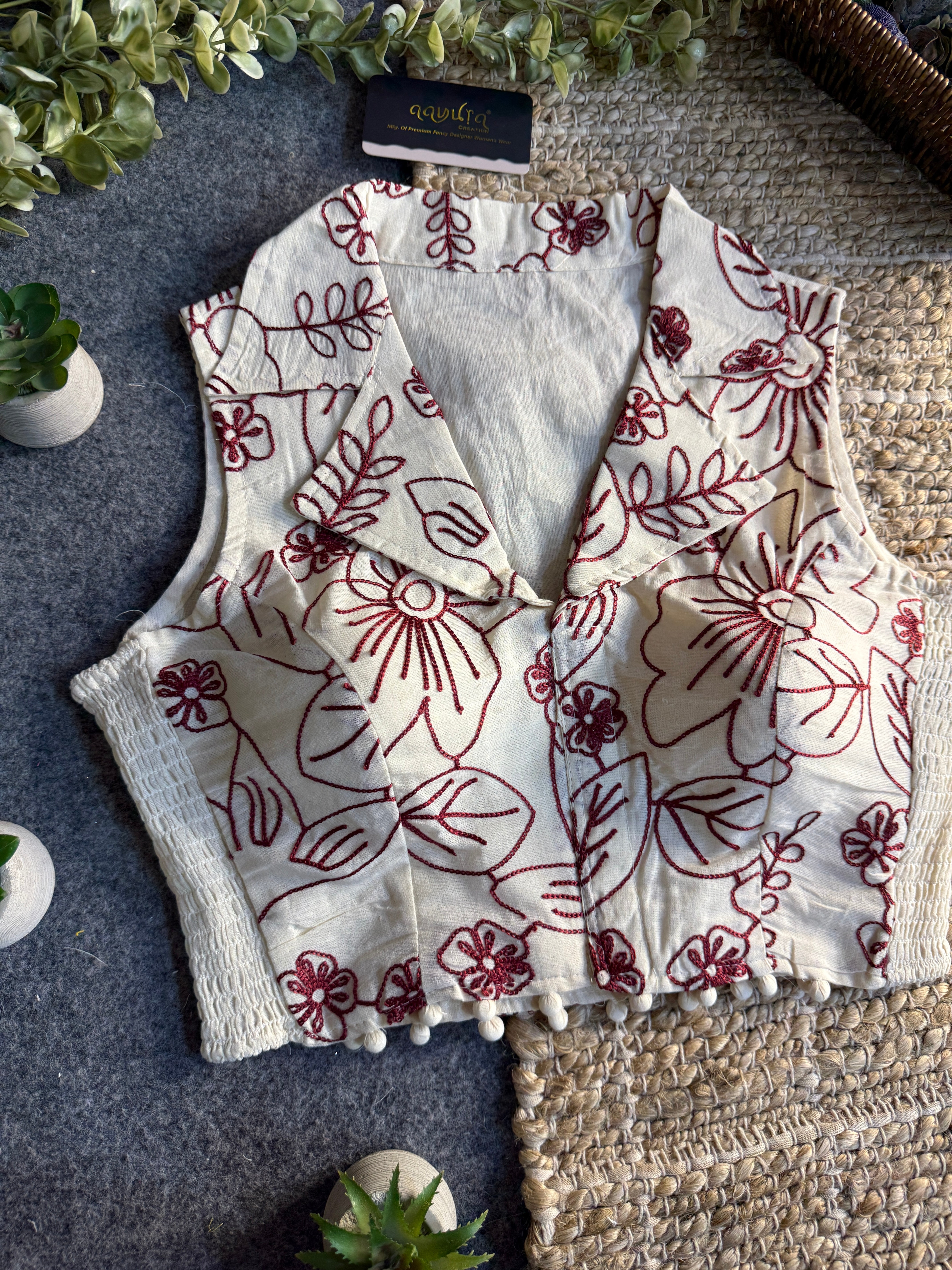 Classic Off-White Stretchable Embroidery Blouse
