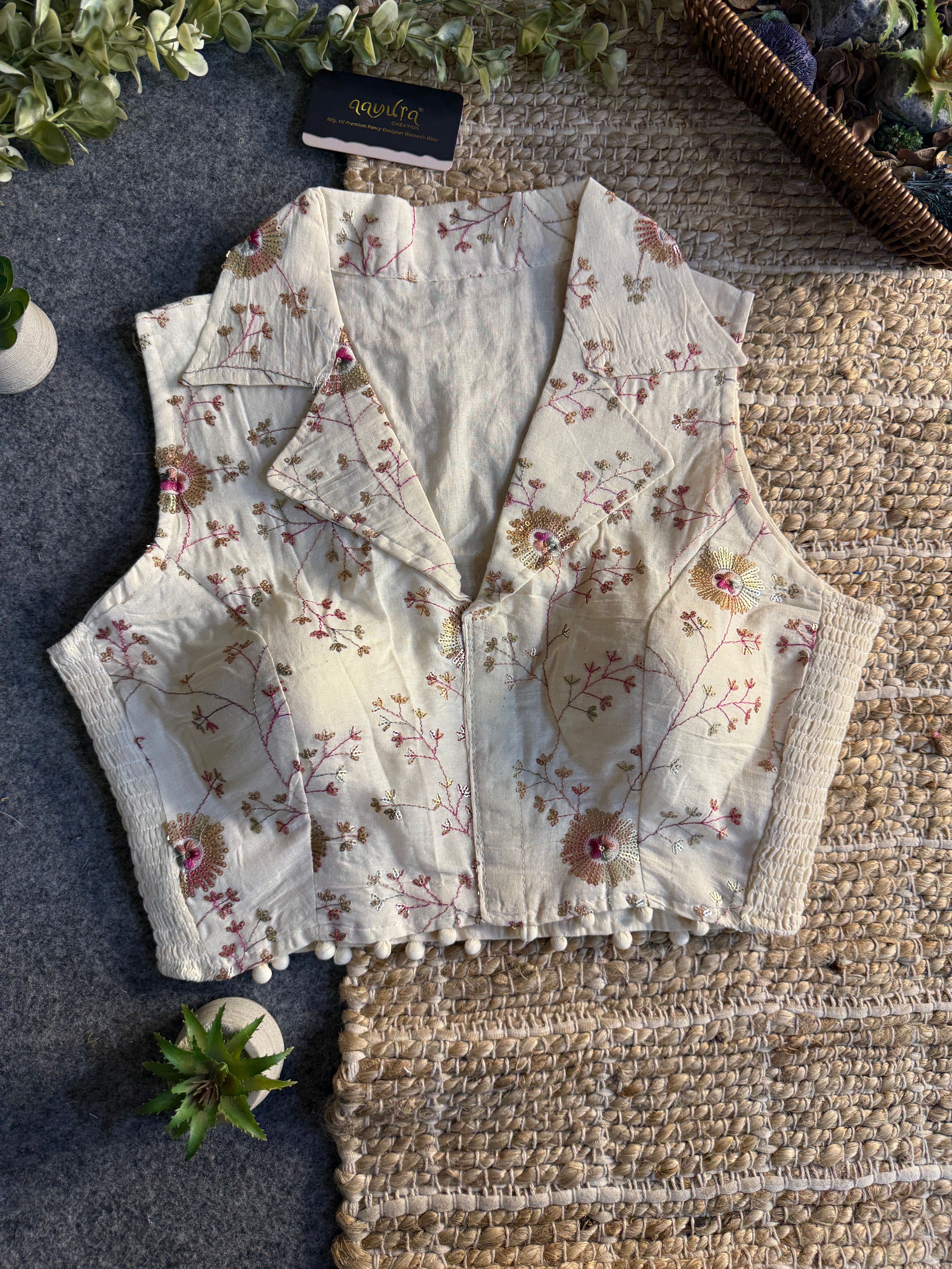Classic Off-White Stretchable Embroidery Blouse