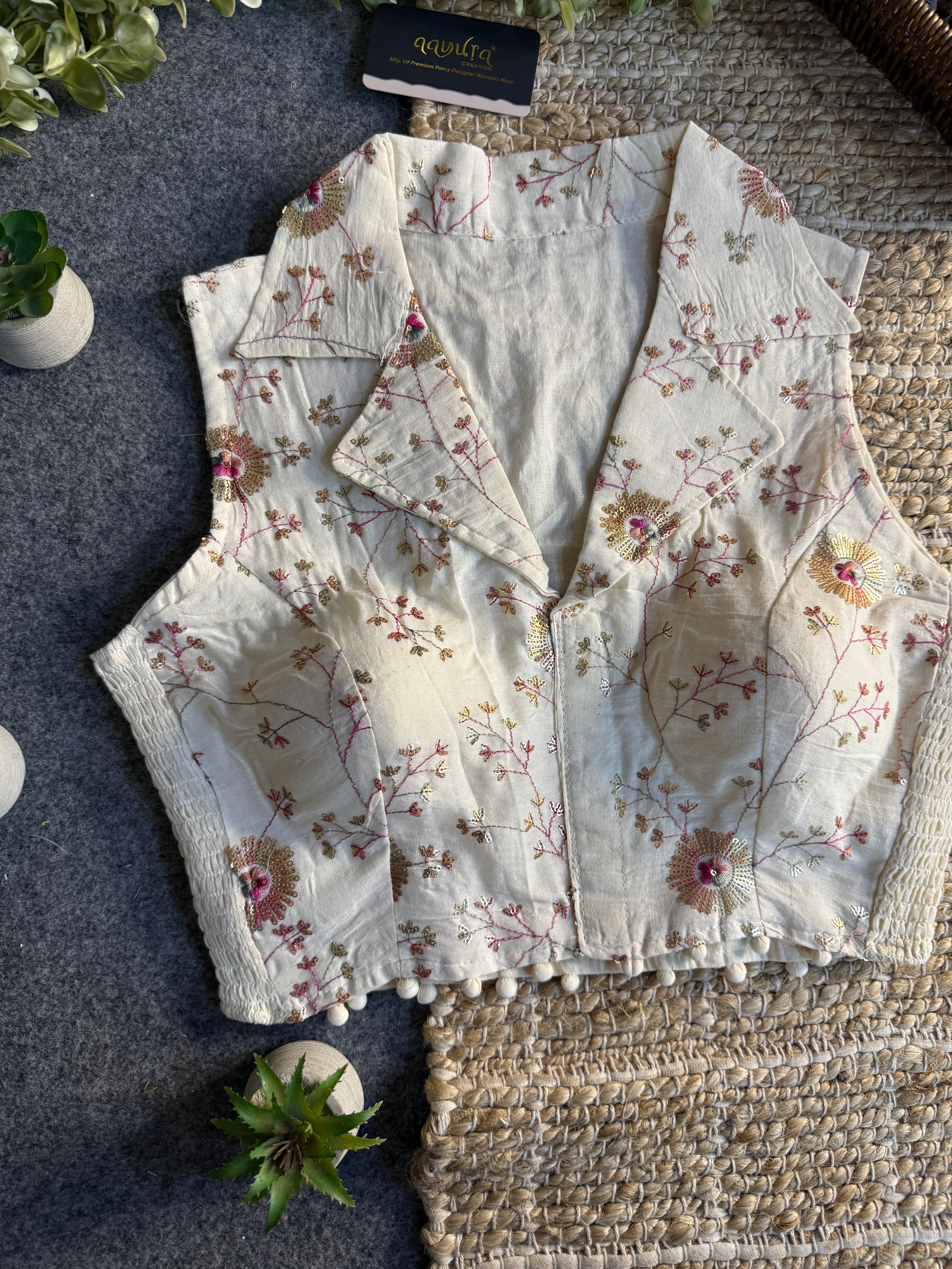 Classic Off-White Stretchable Embroidery Blouse