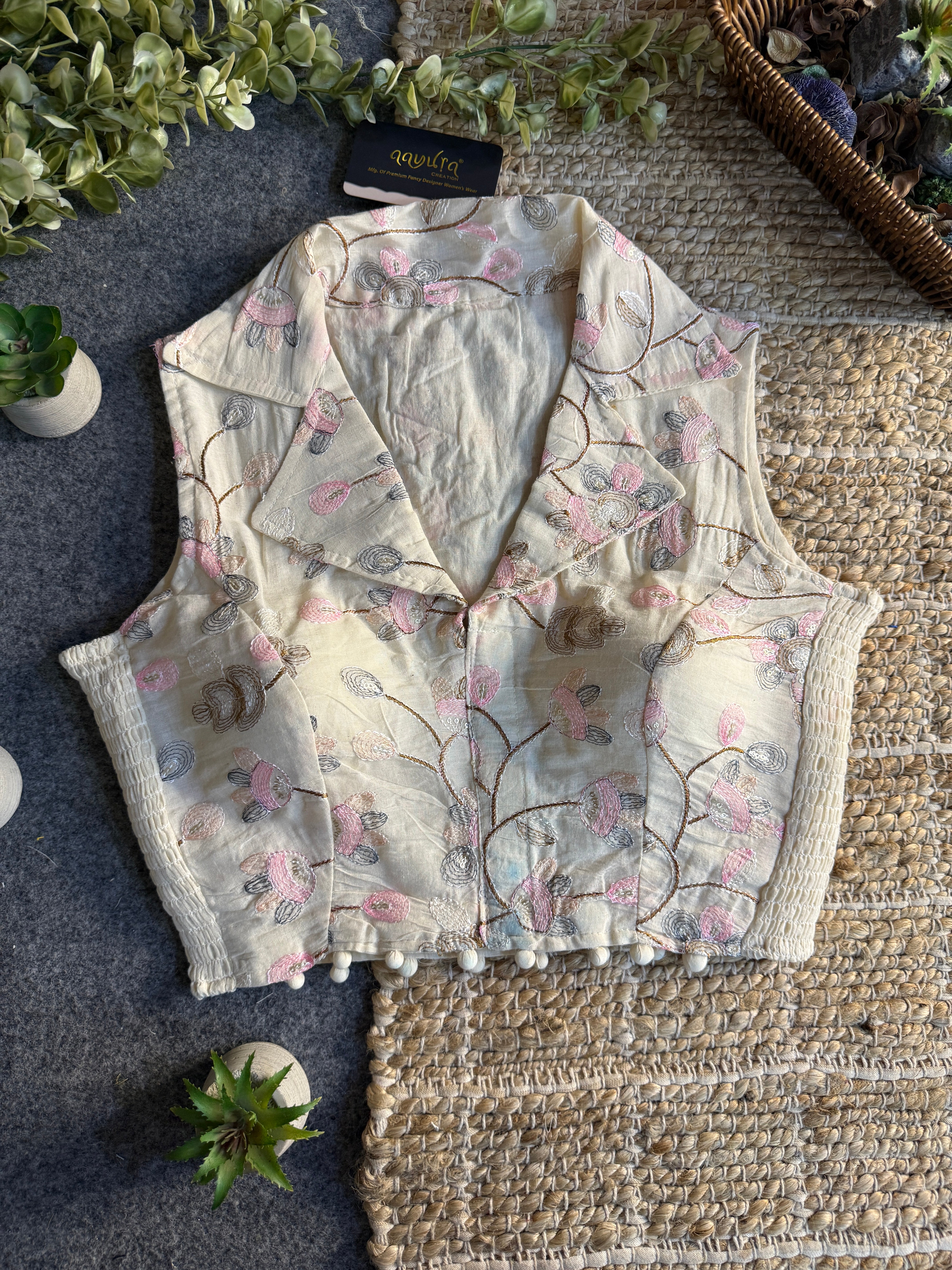 Classic Off-White Stretchable Embroidery Blouse