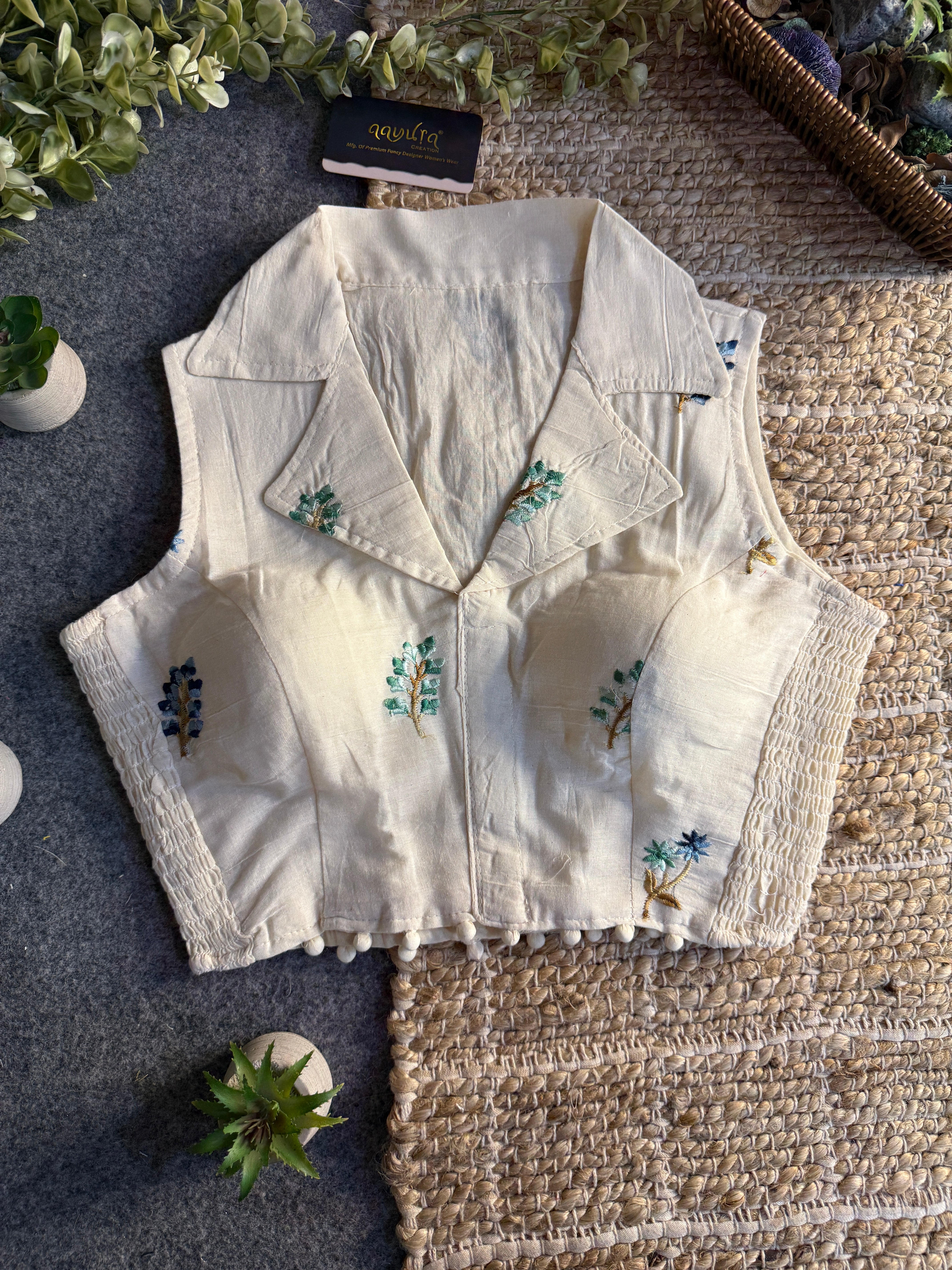 Classic Off-White Stretchable Embroidery Blouse