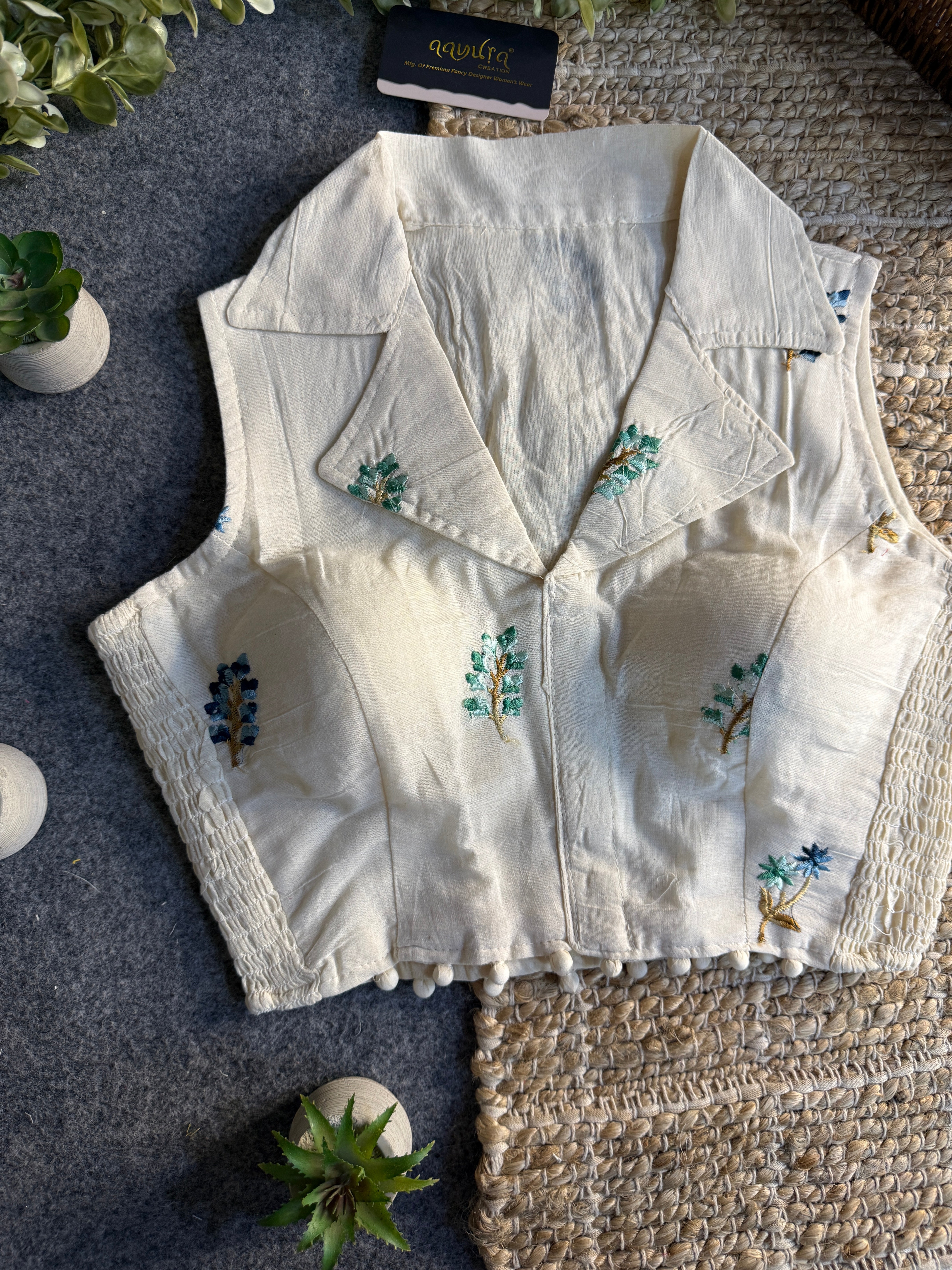 Classic Off-White Stretchable Embroidery Blouse
