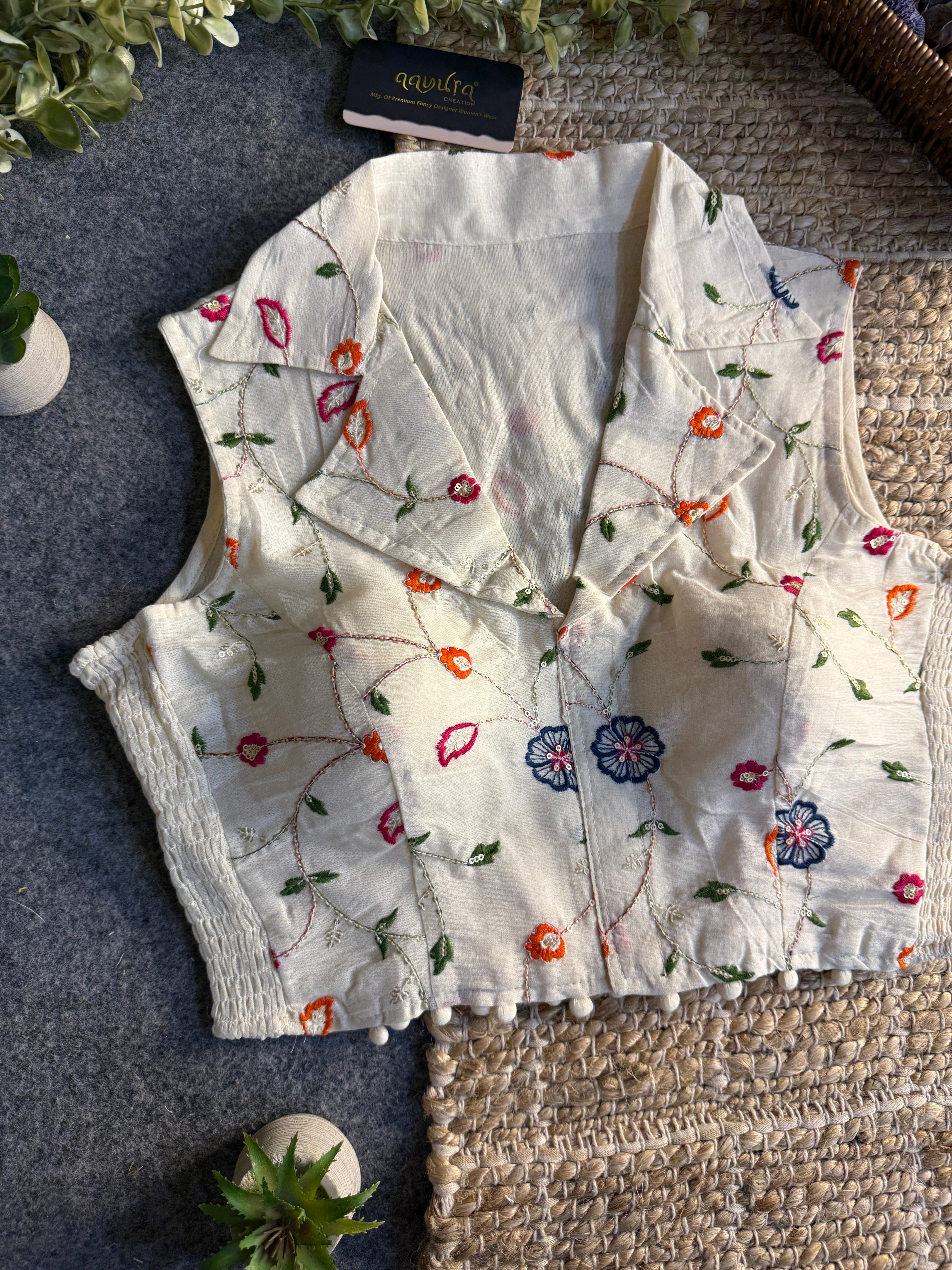 Classic Off-White Stretchable Embroidery Blouse