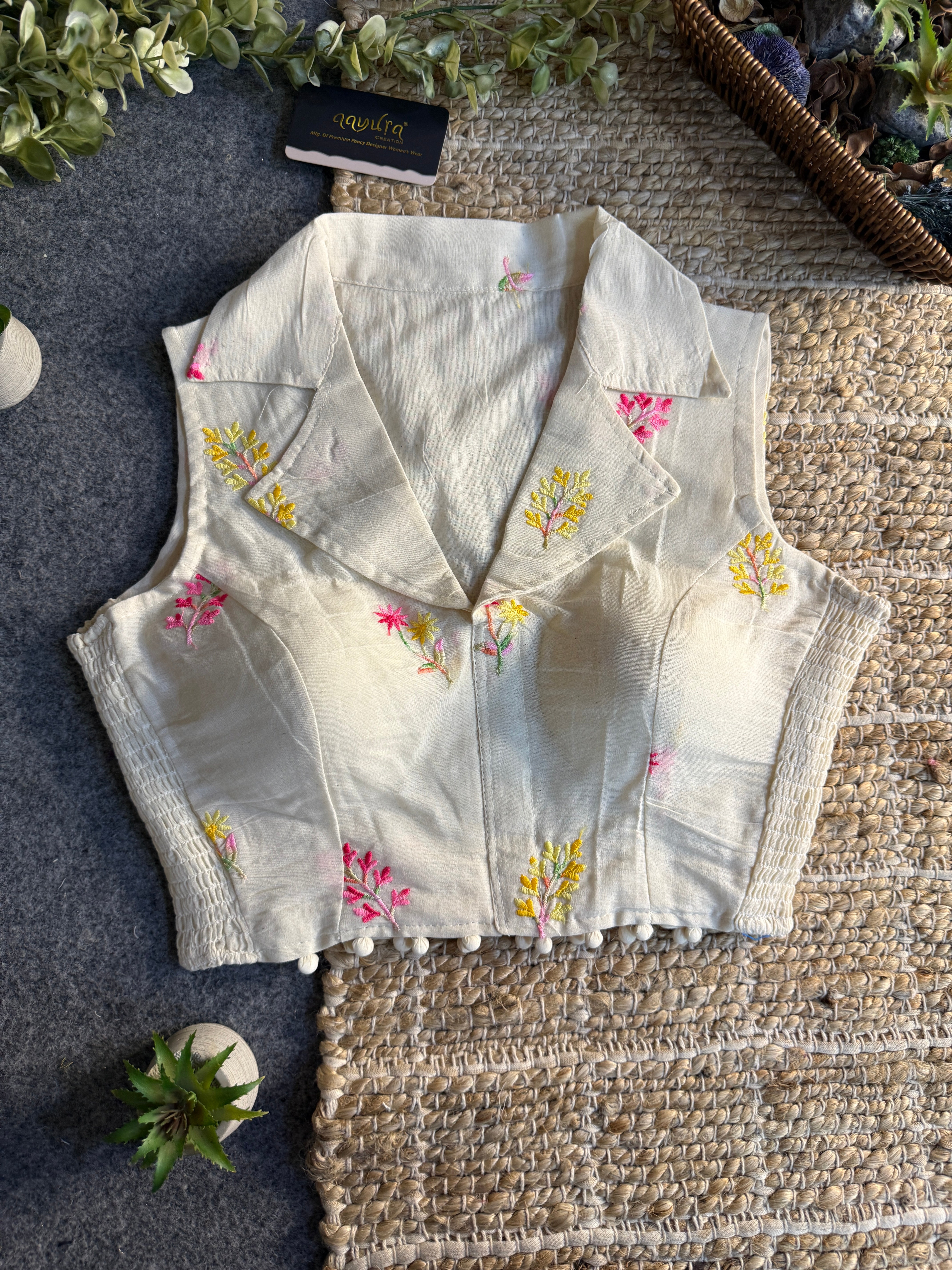 Classic Off-White Stretchable Embroidery Blouse