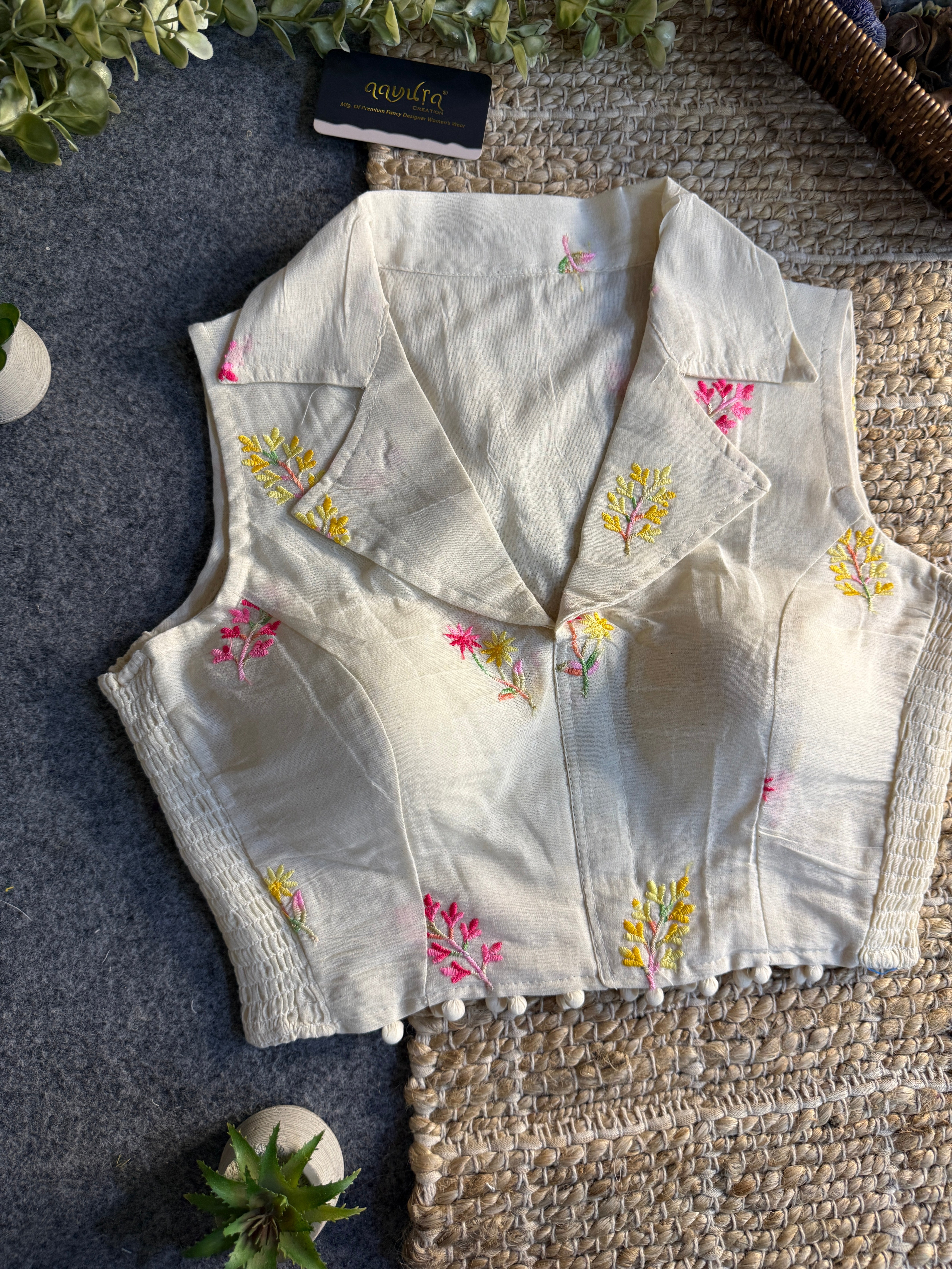Classic Off-White Stretchable Embroidery Blouse