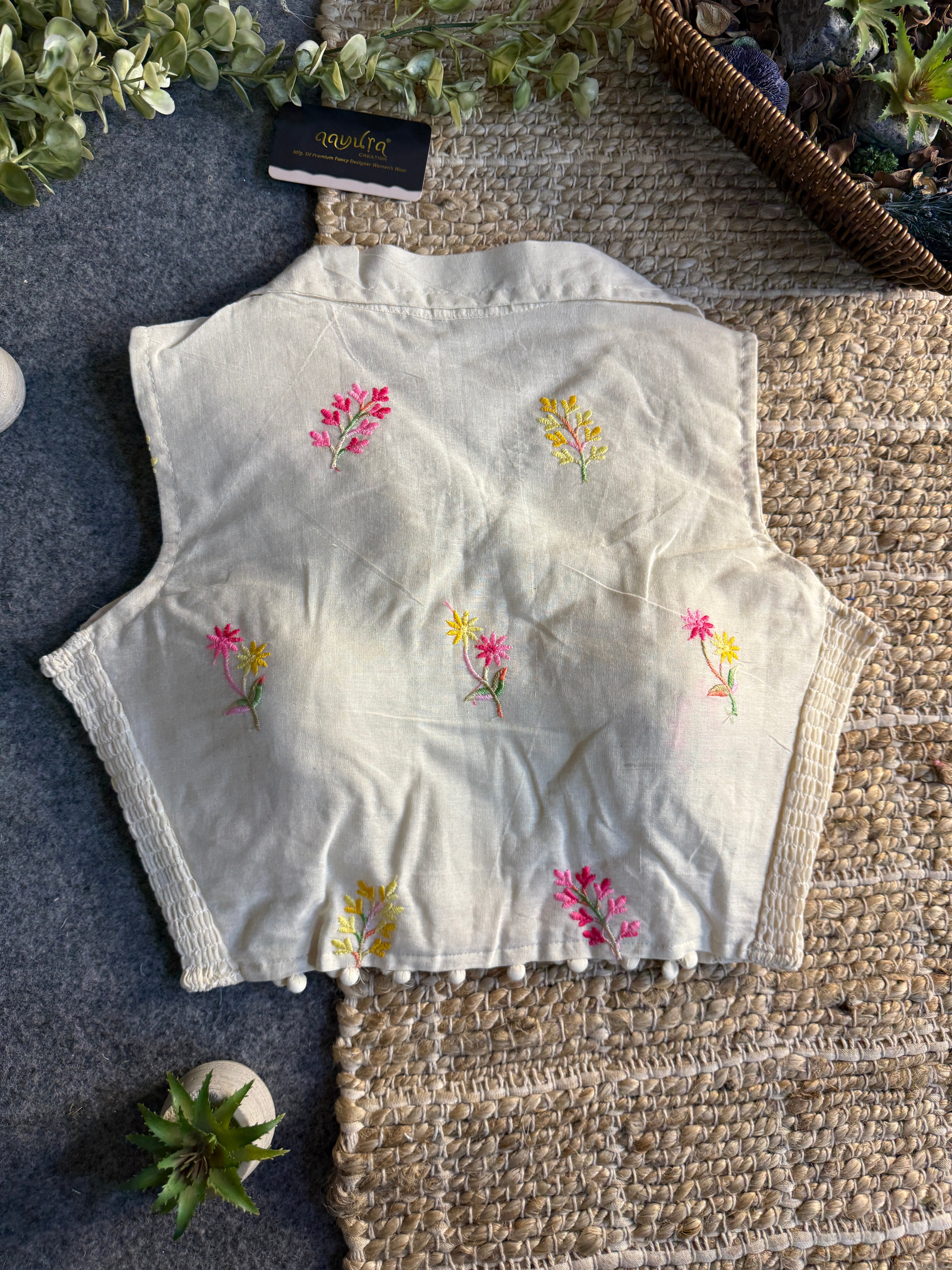 Classic Off-White Stretchable Embroidery Blouse