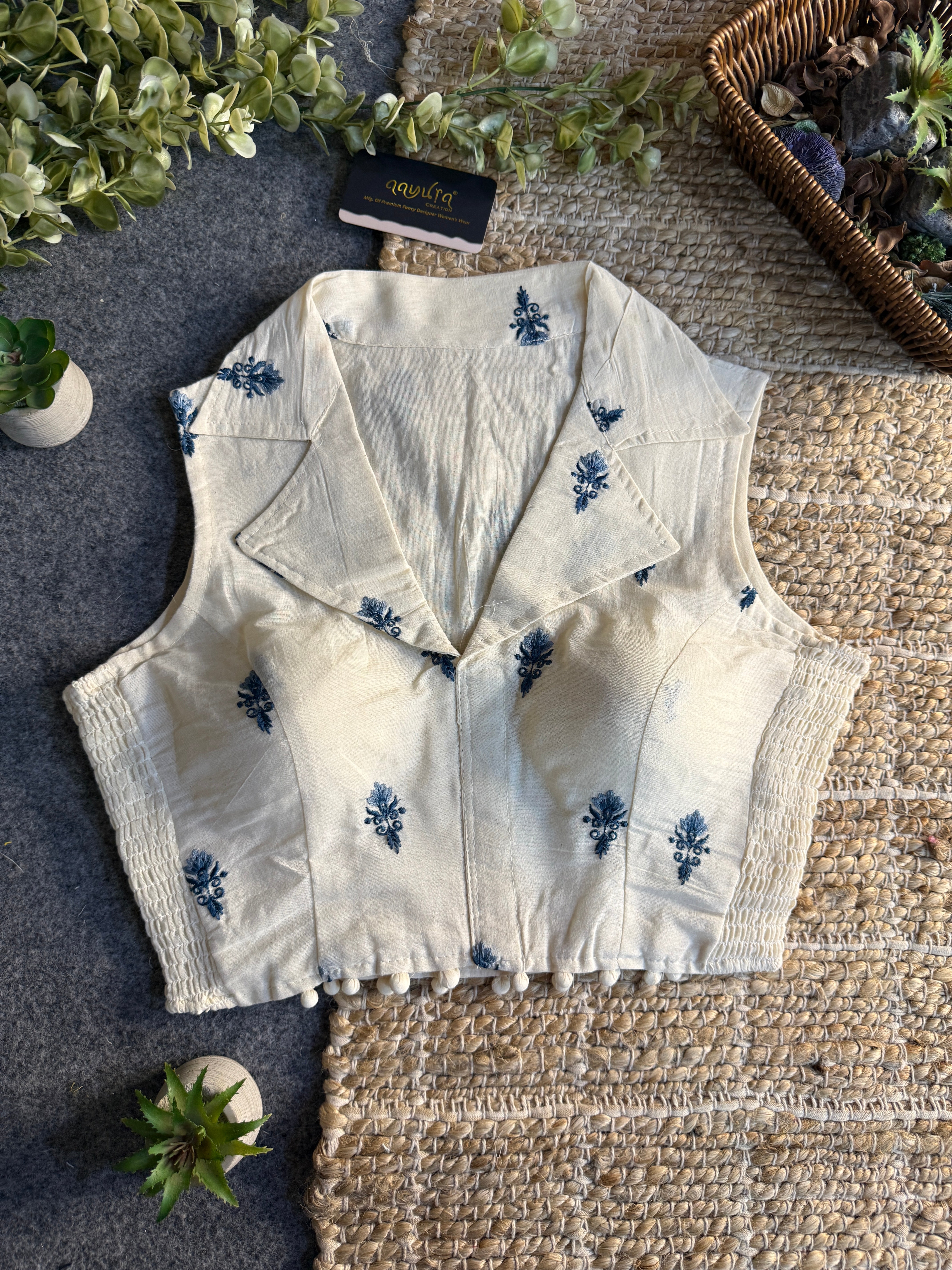 Classic Off-White Stretchable Embroidery Blouse