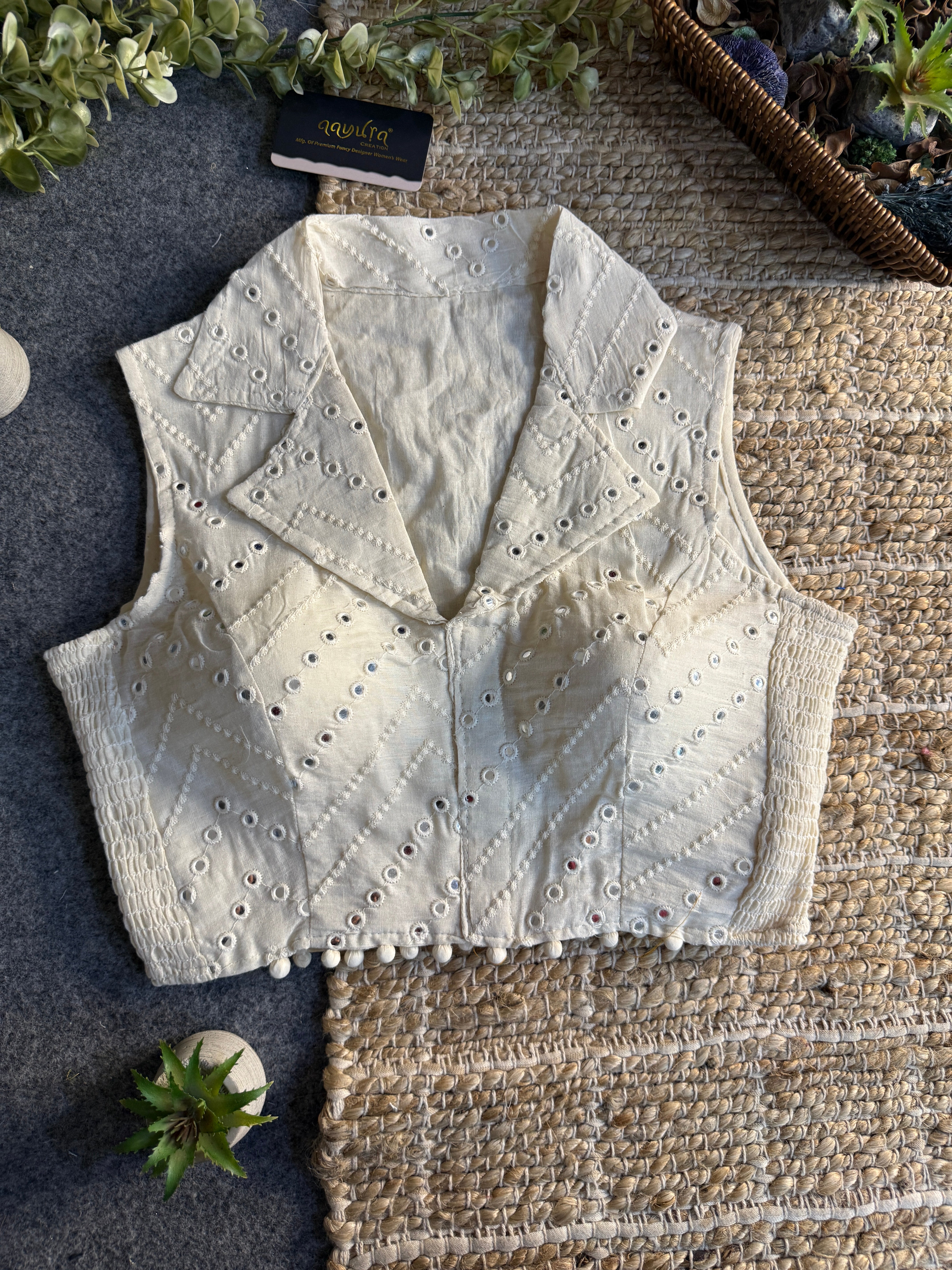 Classic Off-White Stretchable Embroidery Blouse