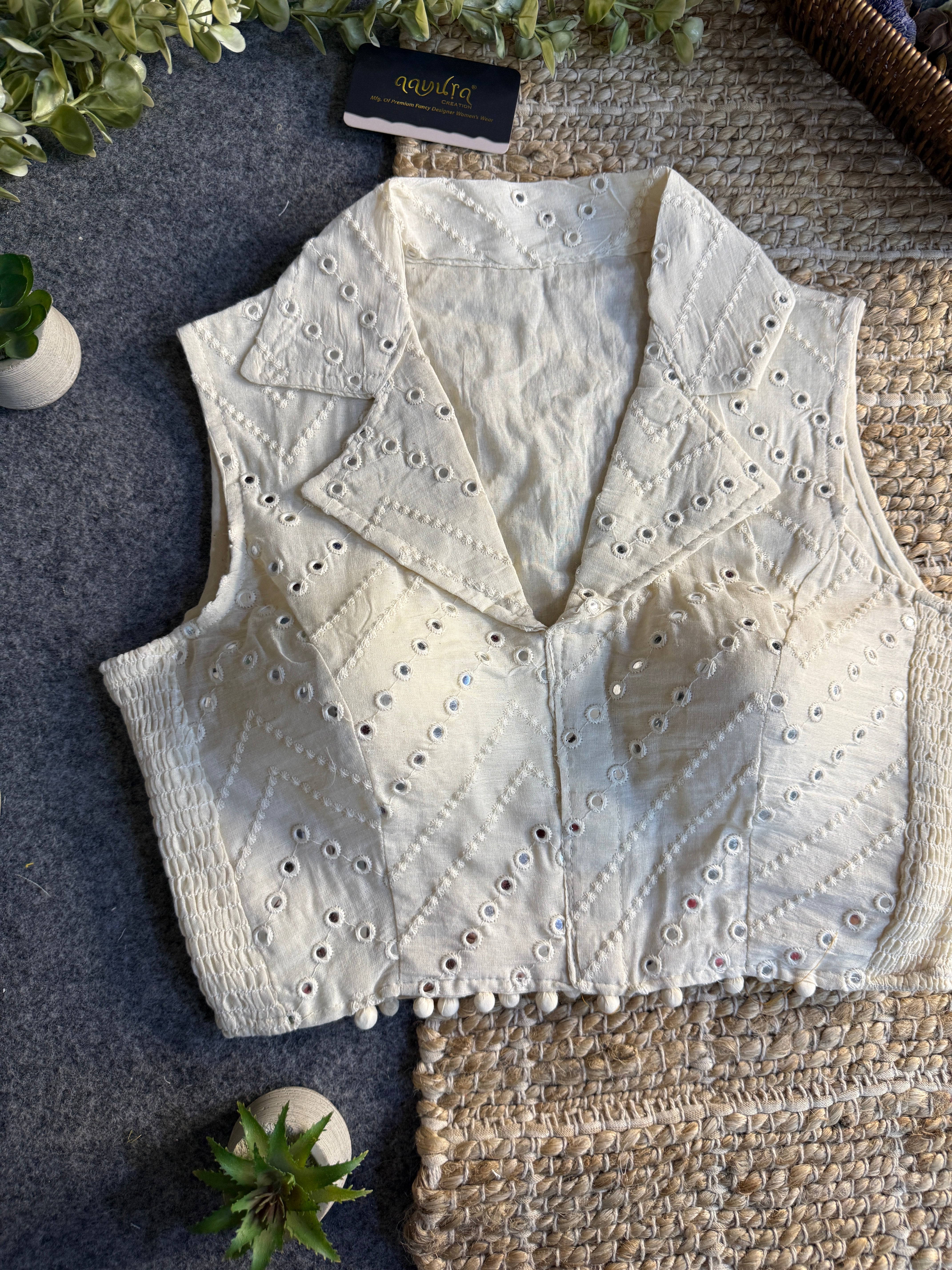 Classic Off-White Stretchable Embroidery Blouse