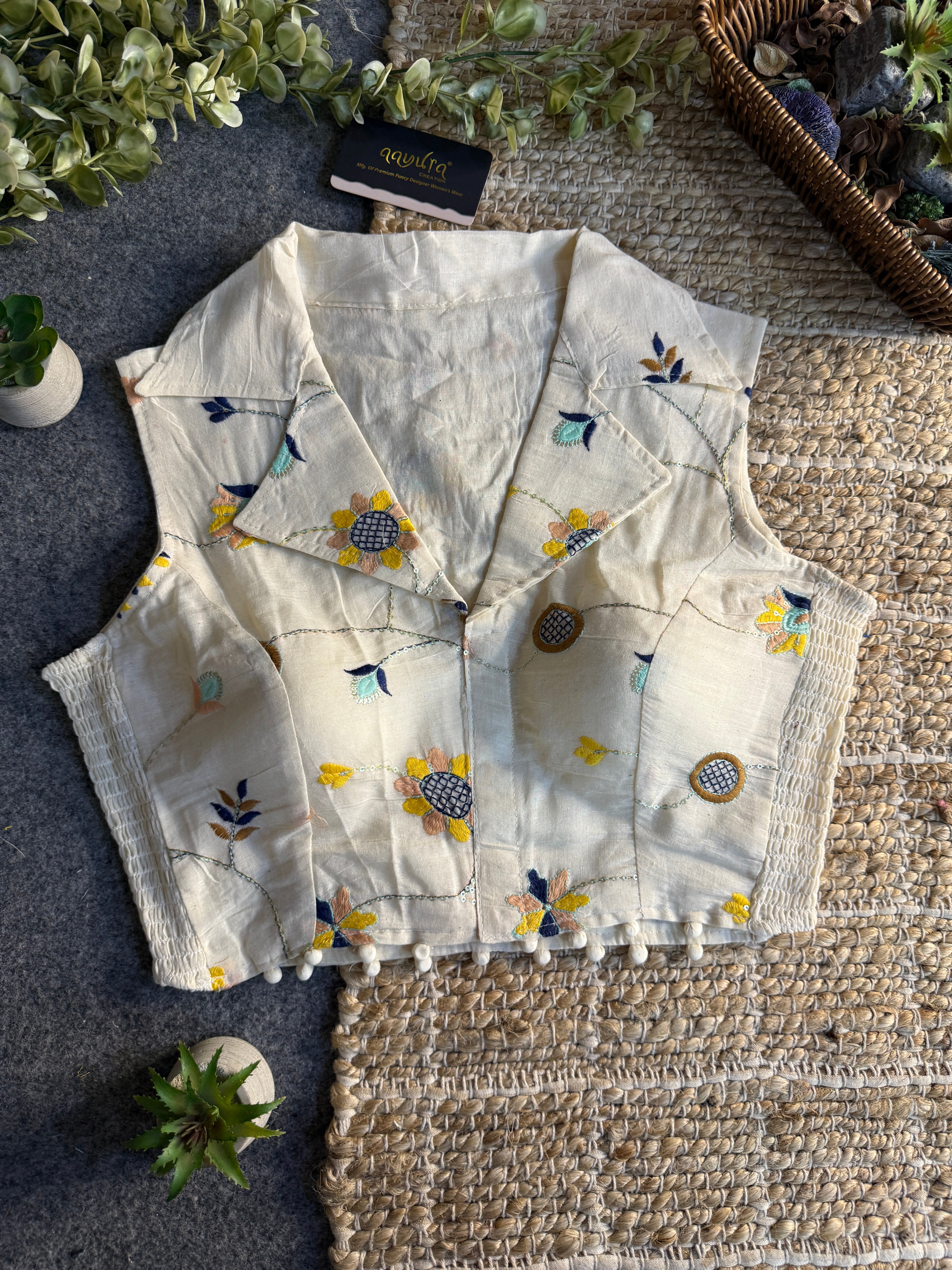 Classic Off-White Stretchable Embroidery Blouse