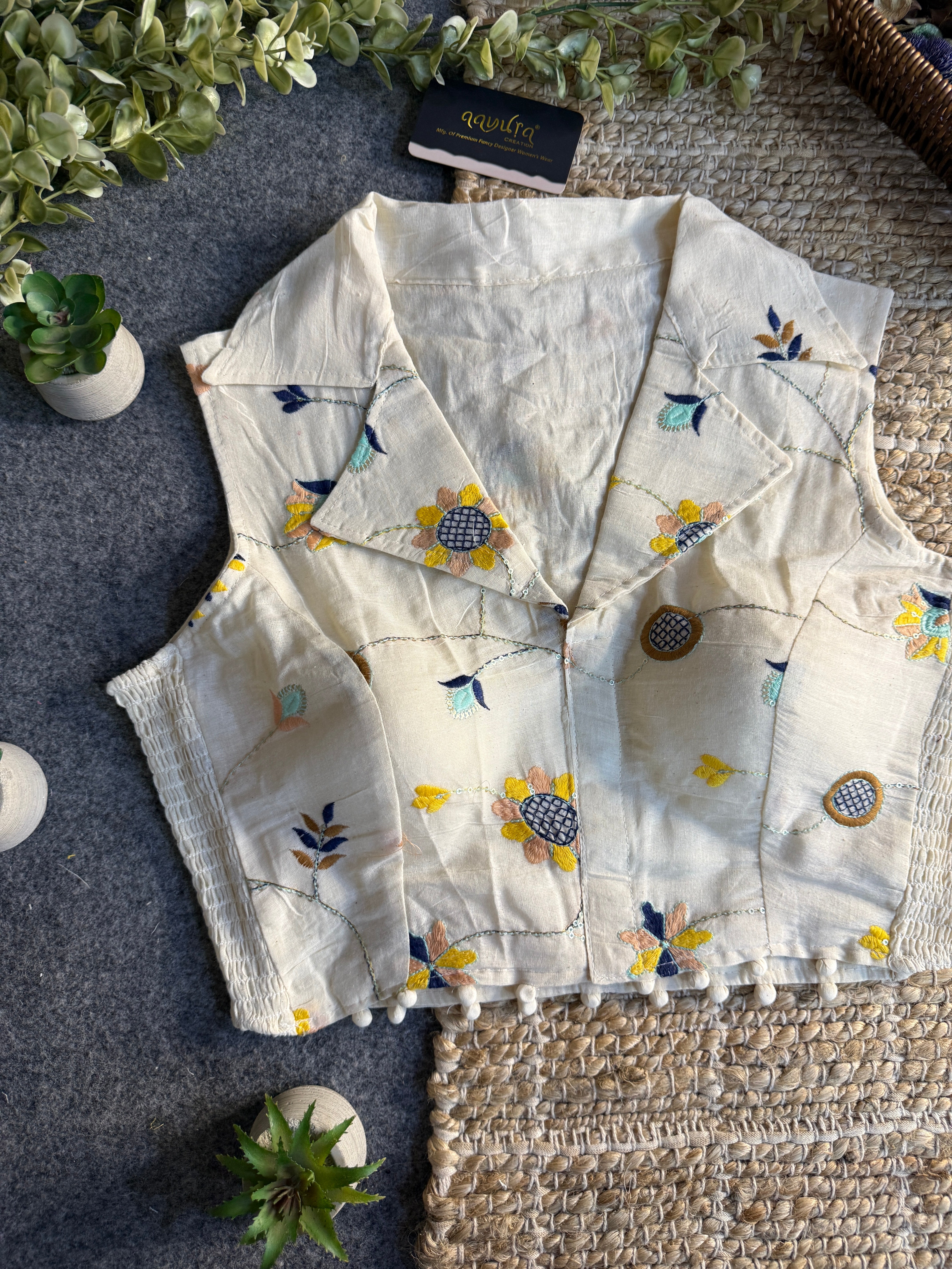 Classic Off-White Stretchable Embroidery Blouse