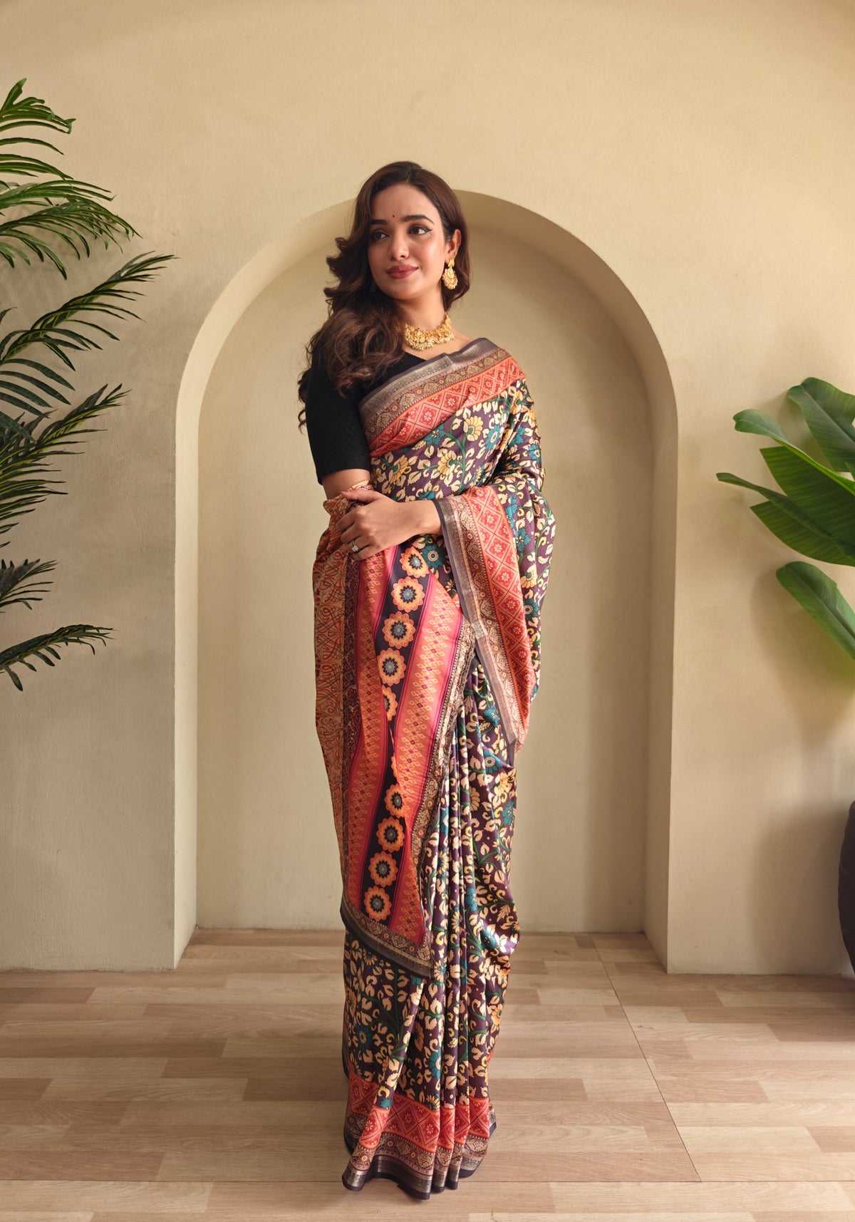 Gems Soft Silk Fusion Print Saree