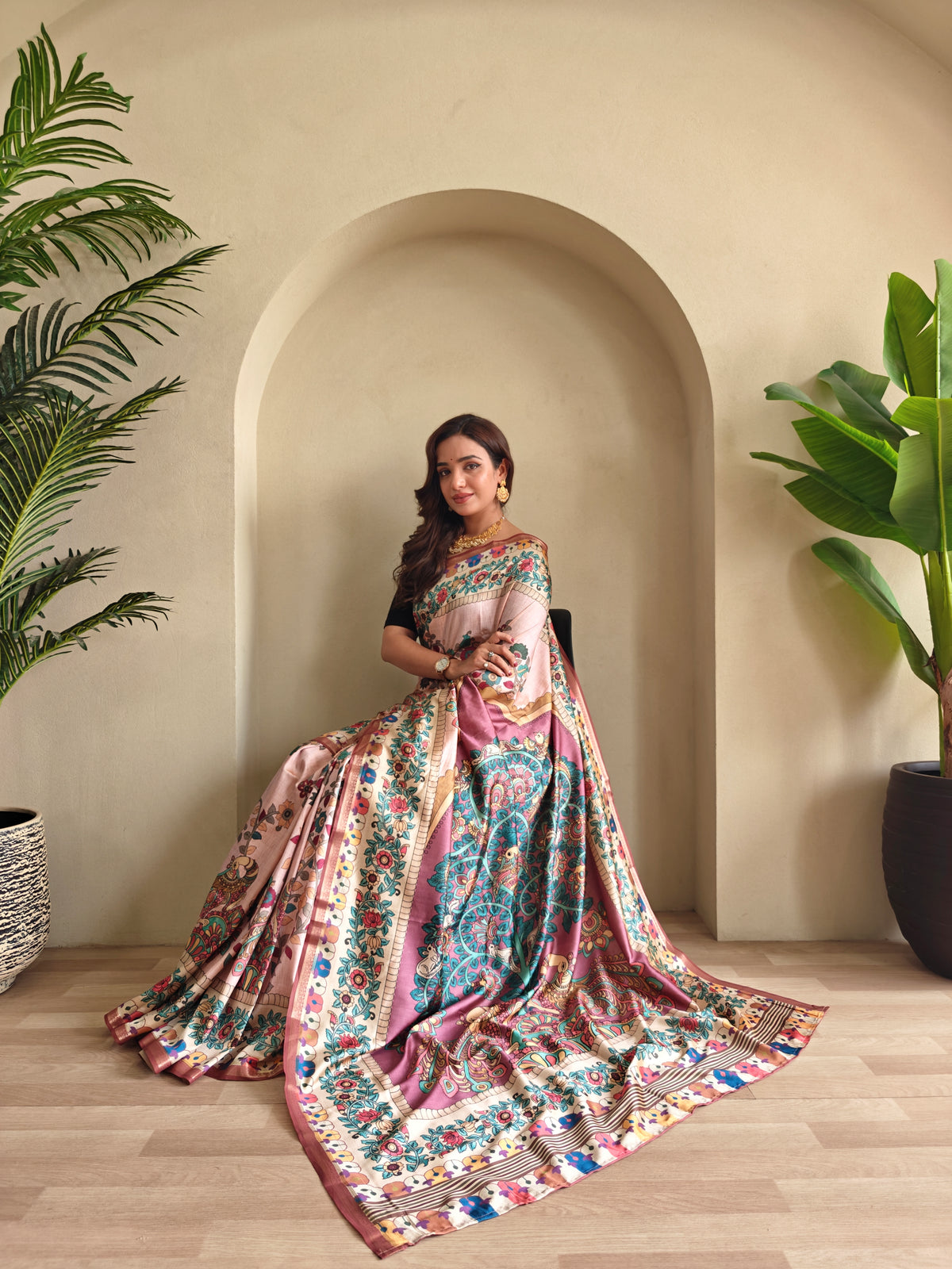 Gems Soft Silk Fusion Print Saree