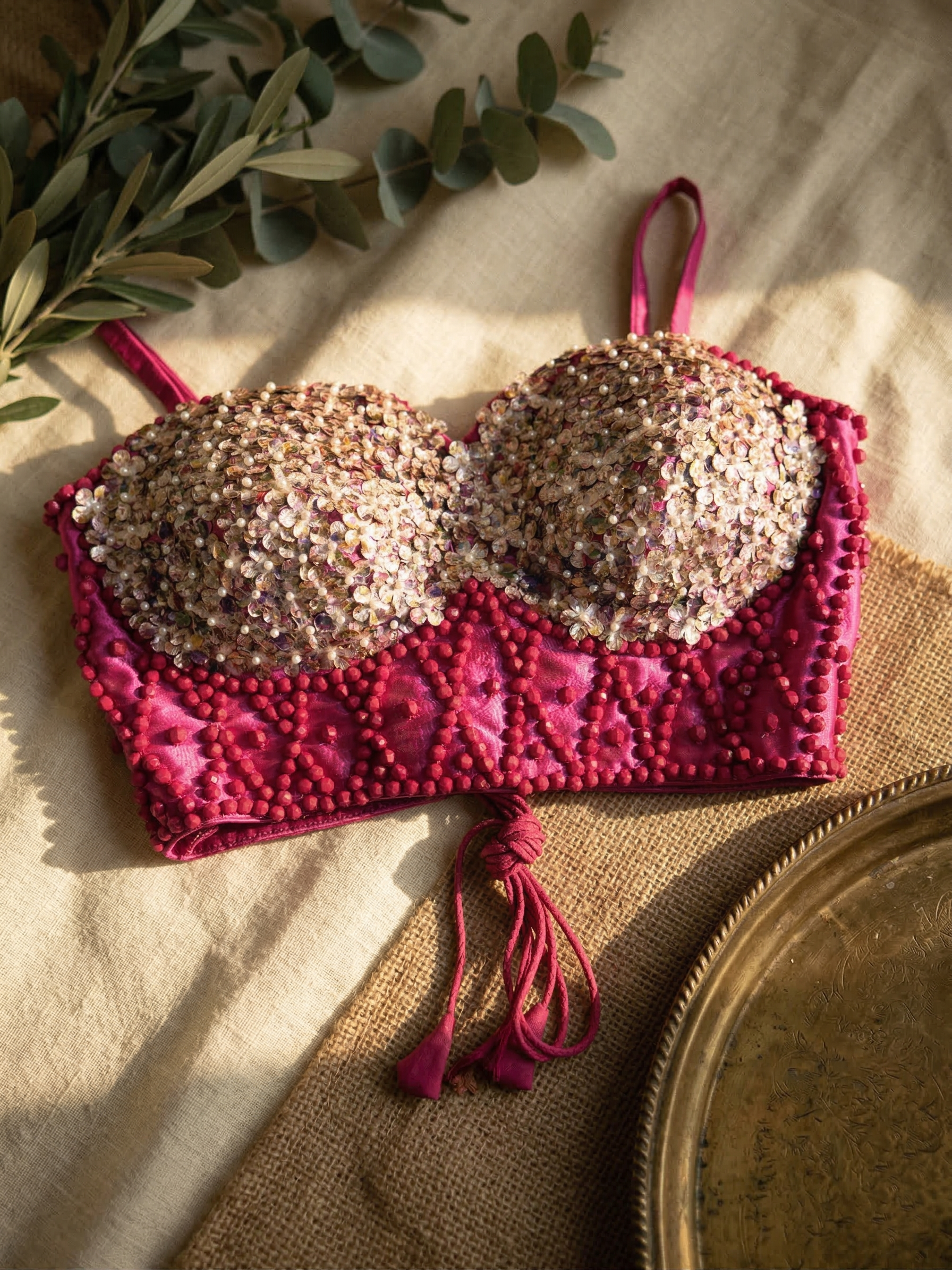 Trendy Pearl & Patch Work Silk Blouse