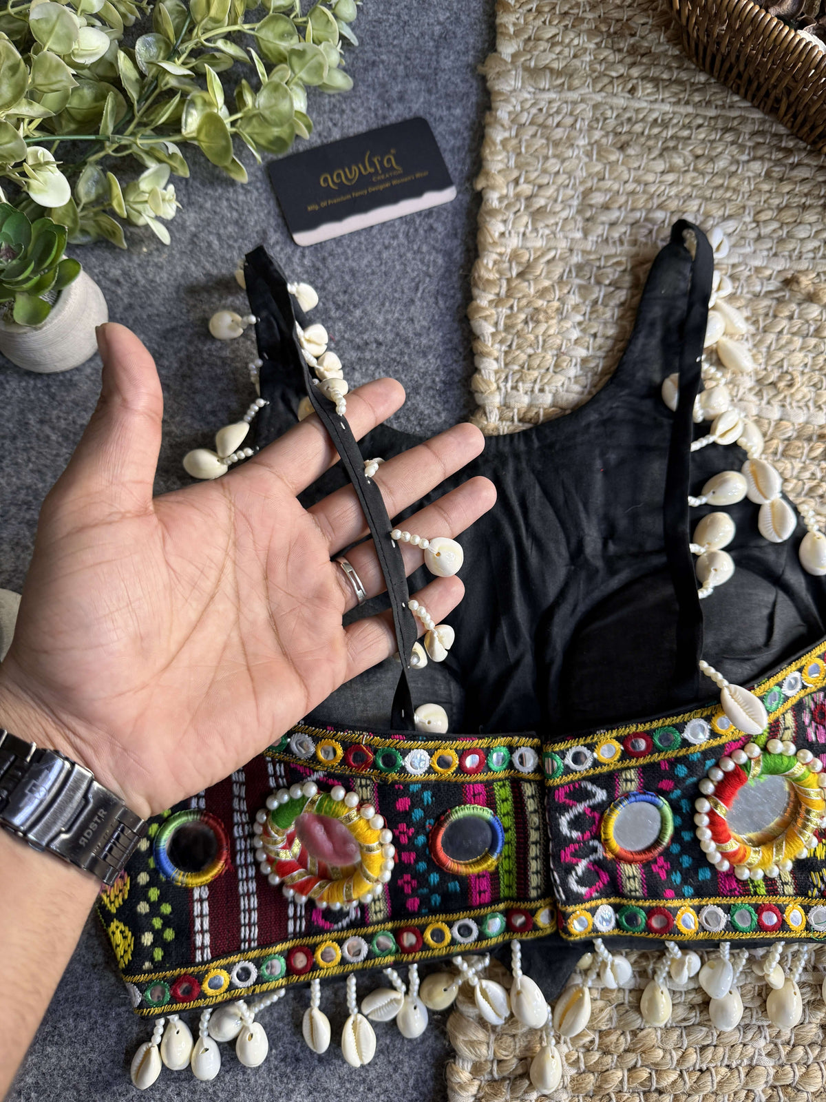 Navratna Mirror & Shell Halter Neck Blouse