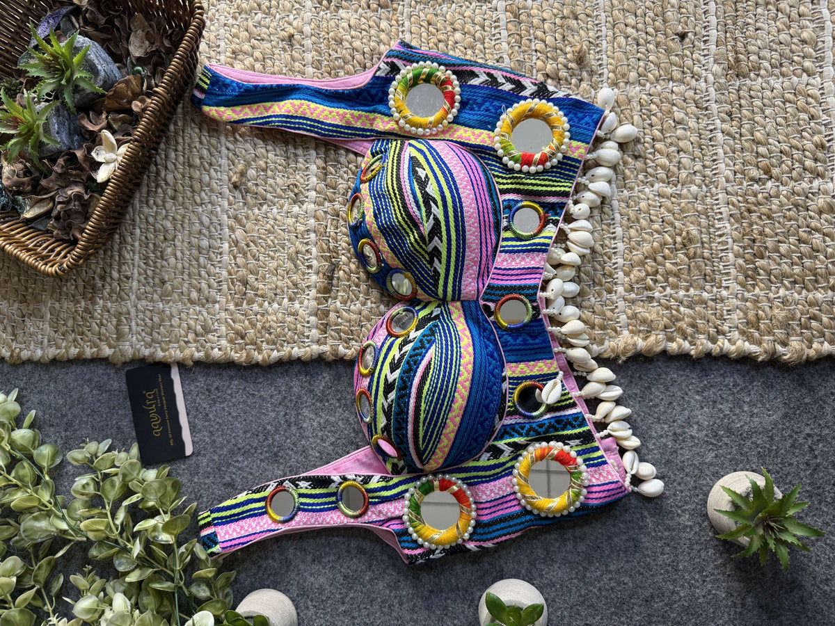 Navratna Mirror & Shell With Fancy Neckline Blouse