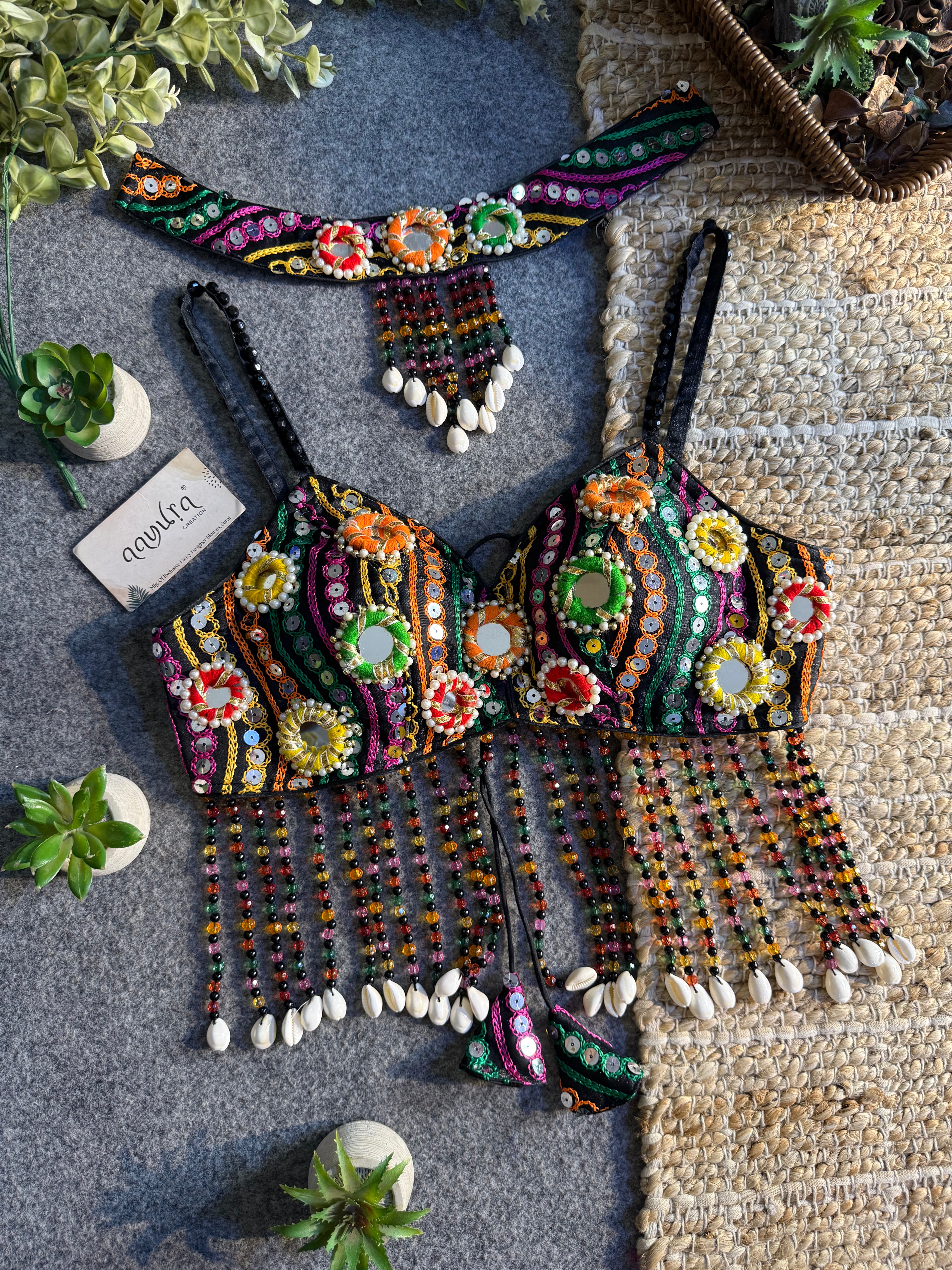 Navratri Special Mirror Pearl Blouse with Necklace